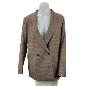H&M Women's Brown Plaid Long Sleeve Double Breasted Blazer Coat Jacket Size S